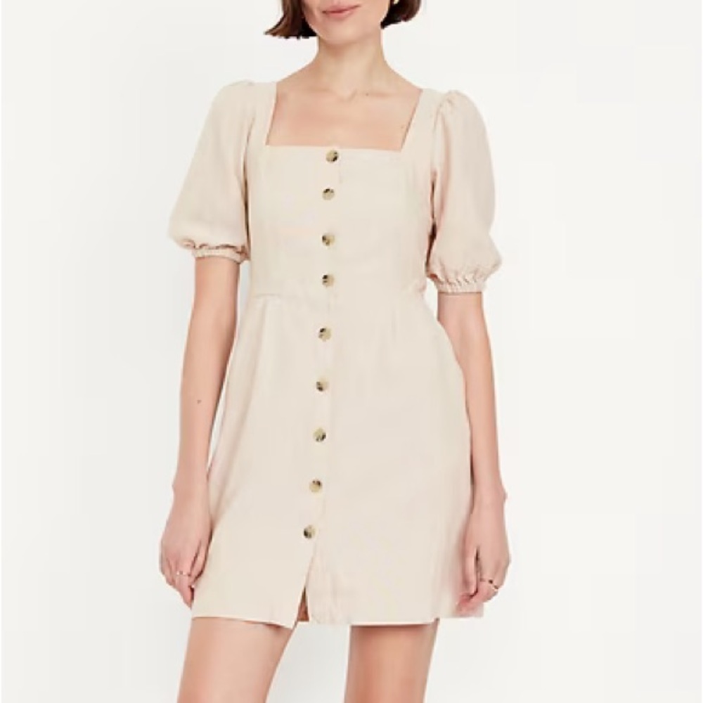 Old Navy Cream Linen Blend Square-Neck Button Front Mini Dress
